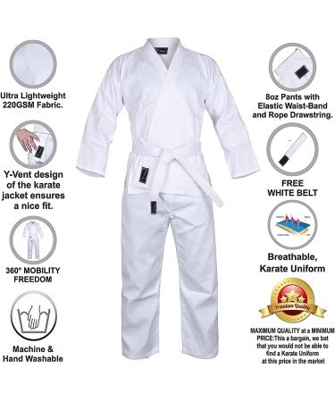 Lightweight Karate Uniform for Kids & Adults - Martial Arts Gi with Belt 00 (3'8 - 4'0 / 50 lbs) - White - Buy Online on GoSupps.com