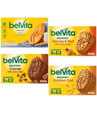 Breakfast Biscuits Bundle With BelVita Breakfast Biscuits Golden Oats 5x45g Cocoa with Choc Chips 5x45g Honey & Nuts with Choc Chips 5x45g and Milk & Cereals 5x45g (4 Pack)