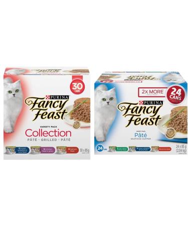 Fancy Feast Wet Cat Food Variety Bundle - Collection Variety Pack (30 cans) + Seafood Supper P t Variety Pack (24 cans)