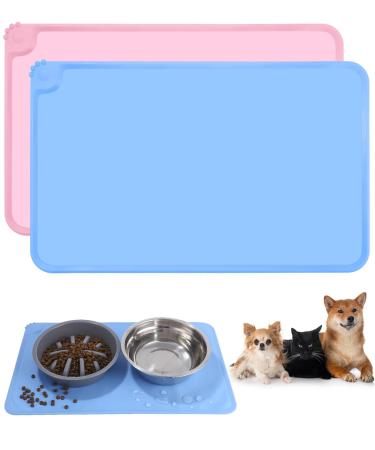 2-part set bowl pad dog cats 48x30cm (pink & blue) waterproof and non-slip silicone feeding underlay feed mat anti-slip pet feeding matte for feeding places placemats pink & blue 48x30cm