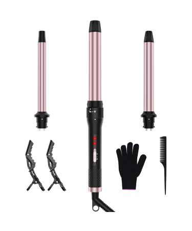 3 in 1 Curling Iron Curling Wand Set with 3 Interchangable Ceramic Beach Waves Wands(0.75"-1.25") Dual Voltage 30s Fast Heating with Heat Resistant Glove & 2 Clip for Long/Short All Hairstyle