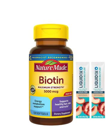 Nature Made Biotin Maximum Strength 5000 MCG - Hair Skin and Nails Support - 180 Softgels Plus Bonus 2 Sugar Free White Peach Hydration Sticks