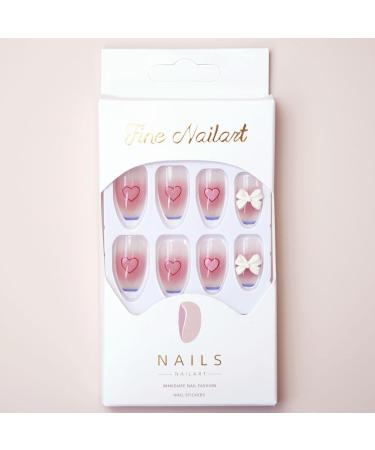French Tip Press on Nails - Medium Ballet Press On Nails with Nail Tips white bowknot Love heart Design Powder blusher Glossy press on nails Acrylic False Nails Cute Artificial Nails - Buy Online on GoSupps.com
