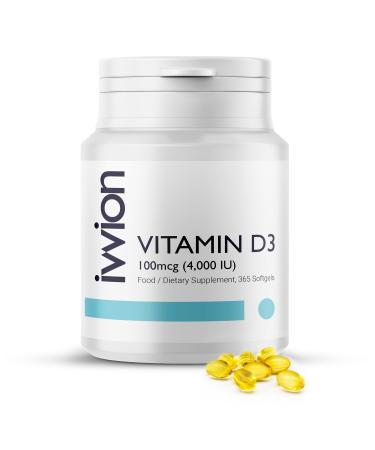 ivvion Preservative-Free Vitamin D3 4000 IU (100 g) Softgel 1 Year Supply High Strength Cholecalciferol | Gluten Free Non-GMO | Supports Immune System Bones Teeth & Muscles | UK Made 365 Count