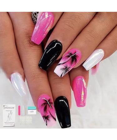 Diduikalor Meduim Press On Nails Coffin  Glue on nails with Palm tree Pattern  Black Coffin Stick on Nails  Cute French Acrylic Nails Press on for Women Girls DIY Nail Manicure  Includes Prep Pad  Mini File  Cuticle Stic...