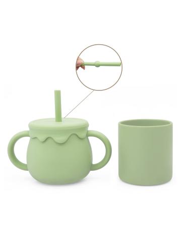 Skylarq Silicone Sippy Cups for Baby 6 Months and Open Toddler Cup  8.5 OZ Spill Proof Sippy Cup with Straw  6 OZ Open Kids Cup  Baby Sippy Cup with Straw (Olive Green)