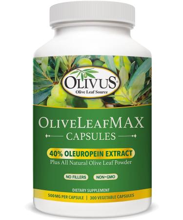 OliveLeafMAX Olive Leaf Extract (40% Oleuroepin) + Organic Olive Leaf Powder + No Fillers + 300 Vegetarian Capsules + Sourced from Spain and Manufactured in USA at GMP Facility 300 Count (Pack of 1)