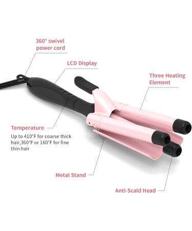 3 Barrel Curling Iron - 7.5" Extended Wand Tourmaline Triple Barrels LCD Temp Display - Pink Beach Waves Hair Crimper - Buy Online on GoSupps.com