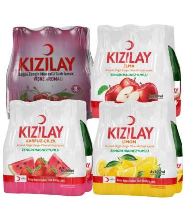 KIZILAY 24 Bottles Natural Mineral Water Mixed Fruit Flavor (Cherry, Apple, Watermelon, Lemon), Rich Mineral Water with Bicarbonate and Sodium 200ml