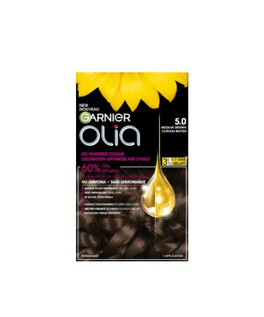 Garnier Olia Permanent Hair Dye Ammonia-Free Hair Color 5.0 Medium Brown Long-Lasting Hair Shine With 60% Oils 1 Application BROWN SHADES 5.0 Medium Brown
