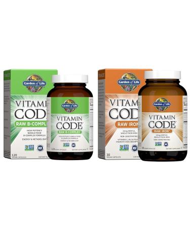 Garden of Life Vitamin B Complex 120 Vegan Capsules and Vitamin Code Raw Iron 30 Count Capsules Bundle
