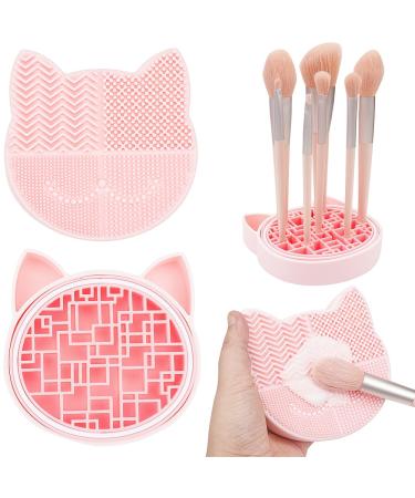 2 in 1 Design Makeup Brush Clean Mat With Drying Holder Silicone Cat Shaped Brush Cleaner Pad & Cosmetic Brush Organizer Rack Portable Washing Tool for Makeup (Pink)