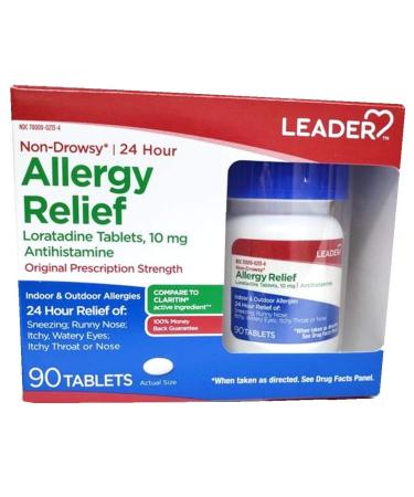 Leader 24 Hour Allergy Relief Loratadine 10mg Tablets Non-Drowsy Antihistamine Indoor and Outdoor Counteract Allergy 90 Tablets Loratadine 90