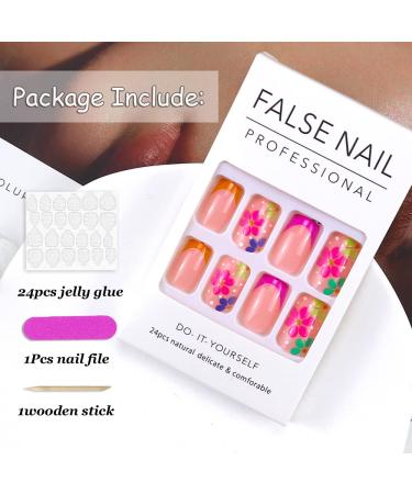 Spring Flower Press on Nails - Medium Square Glossy Fake Nails with Colorful Daisy Pattern - 24Pcs Full Cover Stick on Nails for Nail Art Decorations - Buy Online on GoSupps.com