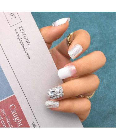 Sethexy White Glossy Squoval False Nails | 24ct Sparkle Rhinestone Acrylic Press-On Fingernails with Glue for Women & Girls - International Shipping Available - Buy Online on GoSupps.com