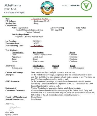 AlchePharma Folate Iiquid 667 mcg DFE, 400 mcg of Folinic Acid 800 Servings - Buy Online on GoSupps.com