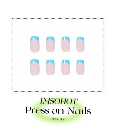 IMSOHOT Short French Tips Square Press On Nails - Blue Glossy Squoval False Nails - 24Pcs - Buy Online on GoSupps.com