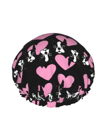 Women Reusable Stretch Hem Hair Hat Puppy Boston Terrier Dog Double Layers Waterproof Shower Cap Bath Cap