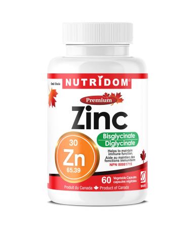 Nutridom Zinc Bisglycinate 30 mg | Chelated Zinc Supplement | Helps to Maintain Immune Function | Non-GMO Vegan Free of Gluten Soy & Dairy (60 Vegetable Capsules)