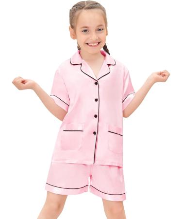 SWOMOG Kids Satin Pyjamas Set - Button-Down Short Sleeve Silk Nightwear for Girls Boys, 2 Piece Lounge Set, 8-9 Years, Pink - Buy Online on GoSupps.com