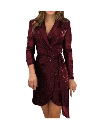 Hanxiulin party dress ladies cocktail dress glitter short Christmas dress ladies case dressing casic dress casual cocktail dress seed dresses for women red XL