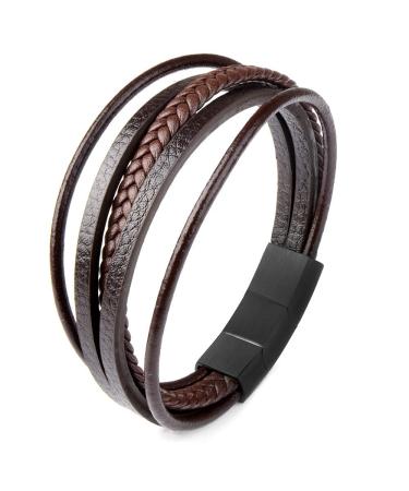Bracelet Homme Cuff Bracelet Men'S Punk Leather Bracelet Stainless Steel Magnetic Clasp Multilayer Leather Wrapped Bracelet Q