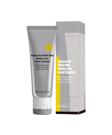 Amino Acid White Mud Facial Cleanser - Dual-Tube Facial Cleanser with Cleansing Mud & Gentle Foam 2-in-1 Blackhead Remover & Makeup Remover for All Skin Types 3.53 Oz Grey