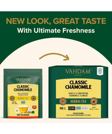 Vahdam Classic Chamomile Herbal Tea Bags (100) - Caffeine-Free 100% Natural Ingredients | Premium Herbal Tea with Floral Flavor - Buy Online on GoSupps.com