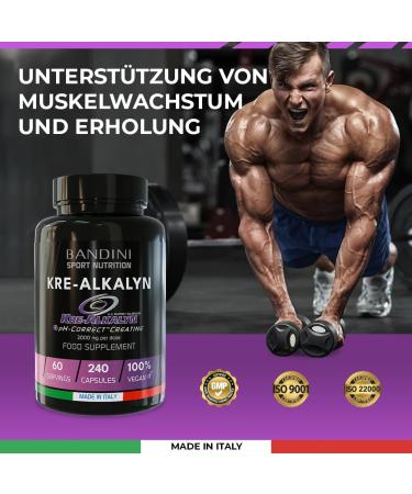 Buy Bandini Kre-Alkalyn 3000 mg | 240 Capsules - 100% Pure Buffered Alkaline Creatine Monohydrate | pH Stable Pre Workout Booster | Vegan & International Shipping - Buy Online on GoSupps.com