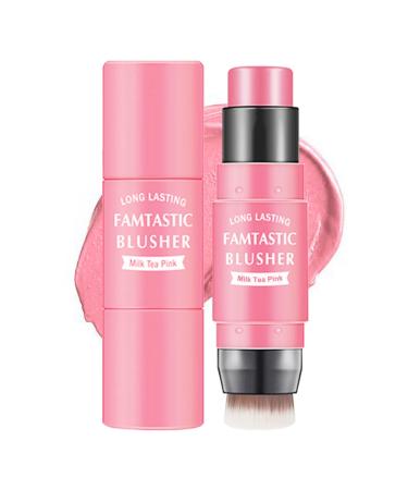 Erinde Cream Blush Stick with Brush  Cream Blush for Cheeks  Lightweight Light Pink Blush Stick  Waterproof  Long-lasting  3 In 1 Cheek Blush & Lip Tint & Eyeshadow Makeup Stick  01 Milk Tea Pink 01 Milk Tea Pink