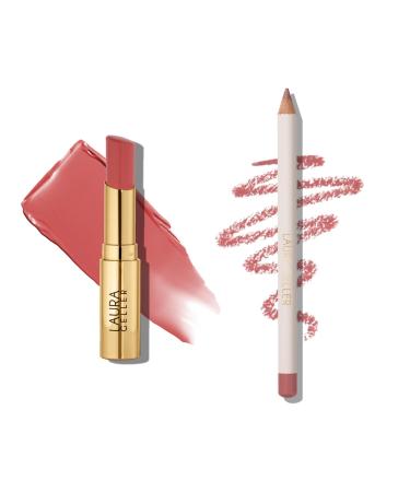 LAURA GELLER Lip Color & Liner Lip Kit | Jelly Balm Hydrating Tinted Lip Balm Just Peachy + Marble Lips Multidimensional Liner Poetic Pink