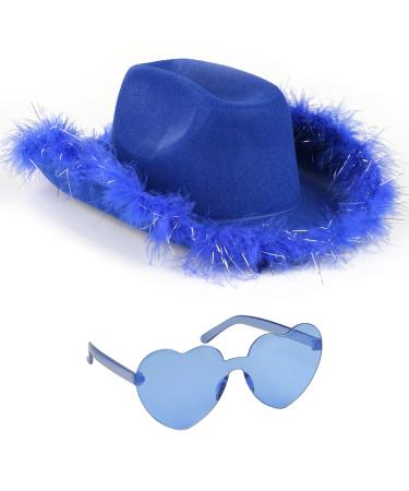 Funcredible Blue Cowgirl Hat with Glasses - Halloween Cowboy Hat with Feathers - Cow Girl Costume Accessories - Fun Bride Western Rodeo Party Hats and Goggles for Women, Girls and Kids