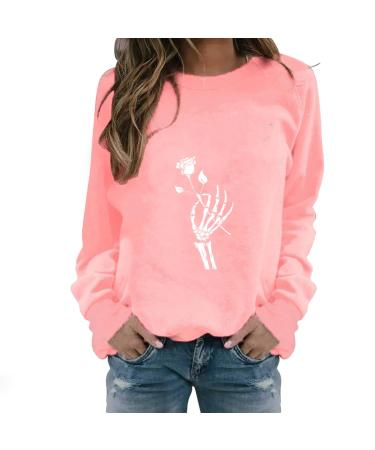 Halloween Costumes Round Neck Casual Long Sleeve Sweatshirt Top Women Zip up Sweatshirts Pink Large