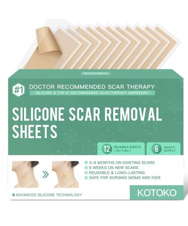 Reusable and Washable Silicone Scar Sheets-12 Sheets,Soften and Flattens Scars Resulting from Surgery,Burns, Hypertrophic, C-Section and More,Silicone Scar Removal Patch Away,3"×1.6",(6 Month Supply)