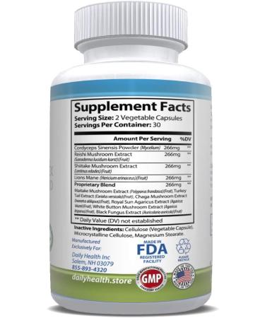 Daily Health 10 Mushroom Blend Complex 60 Capsules Cordyceps Reishi Shiitake Lions Mane Maitake Turkey Tail Chaga Agaricus White Button Black Fungus Vegan Friendly (1 Month Supply) 60 Count (Pack of 1) - Buy Online on GoSupps.com