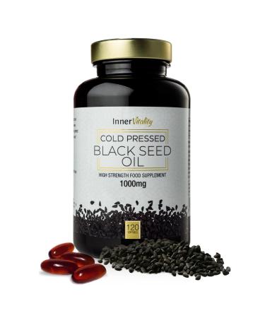 Black Seed Oil 120 Double Strength Capsules - Premium Cold Pressed Virgin Oil High Strength Thymoquenine 3X% | 1000mg Softgels with Zero Additives (Non-GMO) Made in UK by Inner Vitality