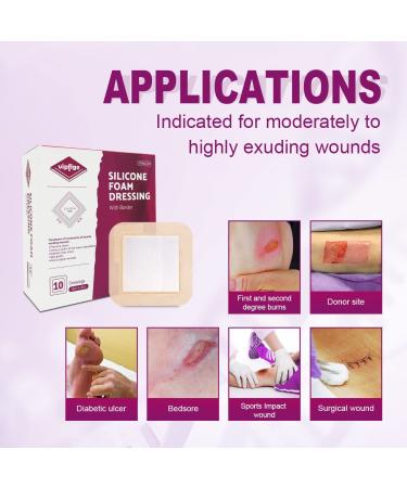 Silicone Foam Dressing 4'' x 4'' 10 Pack - High Absorbency Wound Bandage for Bed Sores, Pressure Ulcers, Diabetic Foot Ulcers & Leg Ulcers - Buy Online on GoSupps.com