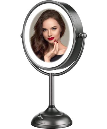 Professional 8.5" Lighted Makeup Mirror, 1X/10X Magnifying Vanity Mirror with 48 LED Lights, 3 Color Lighting, Brightness Dimmable(0-1200Lux), Unique Senior Satin Nickel Free Rotation Cosmetic Mirror Dark Gray