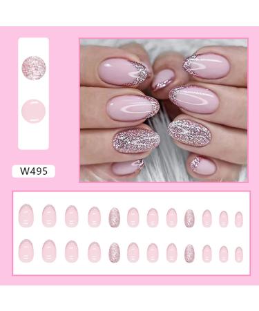 French Pink Glitter Press on Nails | Medium/Short Round Acrylic False Nails with Glossy Finish and Sequin Designs - Women/Girls Stick-on Nail Tips - Buy Online on GoSupps.com
