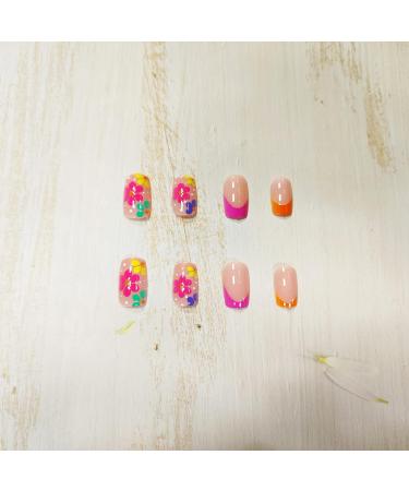 Colorful Flower Short Square Press on Nails - 24Pcs A11 | Full Cover Acrylic False Nails for Women - Buy Online on GoSupps.com