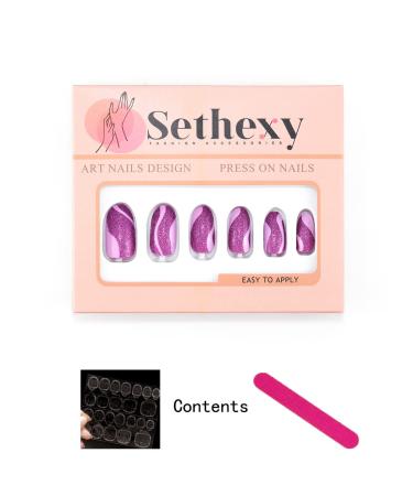 Sethexy Glitter Sparkle Mandel False Nails - 24PCs Acrylic Press On Nails for Women & Girls | Strawberry Juice Swirl Design - Buy Online on GoSupps.com