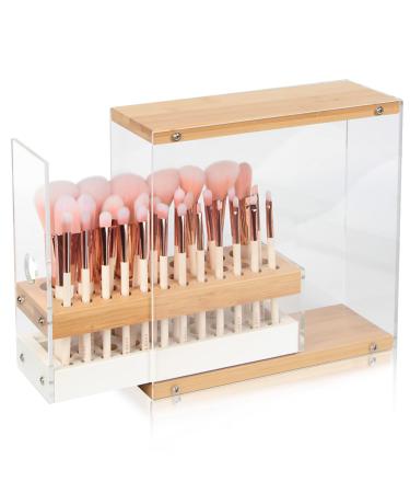 J JACKCUBE DESIGN JackCubeDesign 29 Holes Acrylic Bamboo Brush Holder Organizer Beauty Cosmetic Display Stand with Leather Drawer(White, 8.77 x 3.34 x 8.42 inches) - :MK228D Ivory
