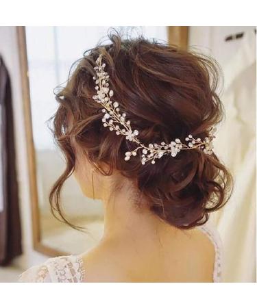 Chargances Wedding Crystal and Pearl Hair Vine Extra long Bridal Hair Vine Headpiece Hairpiece Bohemia Headband Gold Hair Vine Bridesmaid Boho Bridal Headpiece Hair Vine for Bride Jewelry (gold)