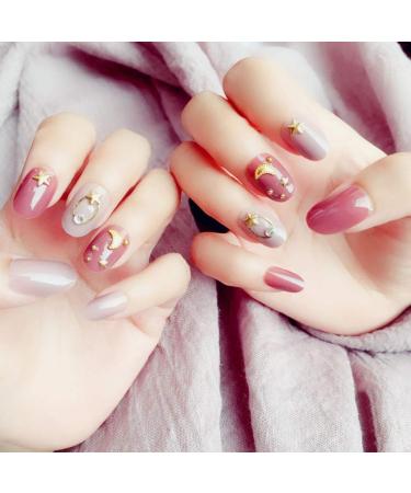 Sethexy red false nails oval glossy star crescent color 24th complete cover salon acrylic art nail tips for women and girls