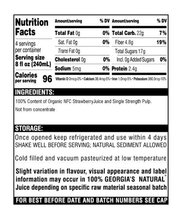 Georgia's Natural Organic Strawberry Juice - Pure, Not from Concentrate, Cold Pressed, 33.8 Fl Oz (Pack of 2) - Buy Online on GoSupps.com