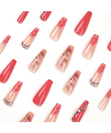 Valentine's Day Long Press on Nails with Rhinestone Designs - Pink & Black Letter Fake Nails - 24 Pcs Coffin Shape - Women's Artificial False Nails - Buy Online on GoSupps.com