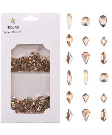Tisslan 100pcs Multi Shape Glass Flatback Golden Shadow Nail Rhinestones 720pcs Loose Round Beads Diamond Mix Size Bulk Pack for Nails Art Supply