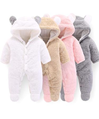Newborn Baby Cartoon Bear Snowsuit Winter Coat Fleece Hooded Romper Jumpsuit 9-12 Months White