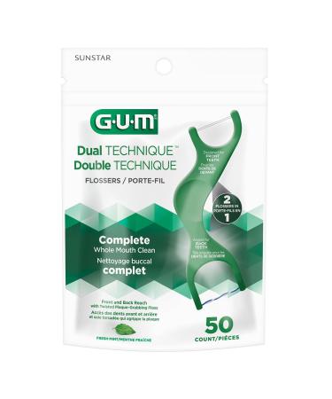 GUM Dual Technique Flosser Picks Complete Whole Mouth Clean Front and Back Reach with Twisted Plaque-Grabbing Floss Fresh Mint Flavour Forest Green 50 Flossers (1 Bag) Dual Technique 50 Count (Pack of 1)