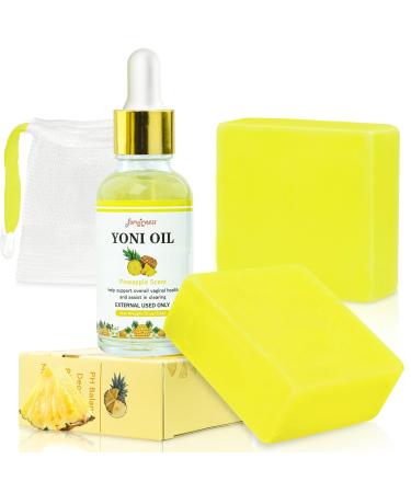 Yoni Oil Yoni Soap Bar Feminine Wash Set Organic Pineapple Juicy Body Oil Handmade Yoni Bar Soaps for Women Ph Balance Vagina Oil for Eliminates Odor Yoni Care Soaps for Intimate Moisturizing